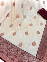 Silk Mark Certified Cream with Maroon Border saree in pure katan silk with maroon border with gold zari — Kaash Collection