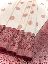 Silk Mark Certified Cream with Maroon Border saree in pure katan silk with maroon border with gold zari — Kaash Collection