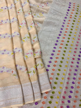 Cream Pure Khaddi Georgette Silk Saree with Sliver Zari and Hand Brush | Floral Saree | SILK MARK CERTIFIED - Kaash