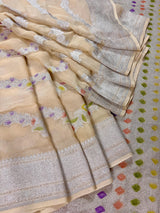 Cream Pure Khaddi Georgette Silk Saree with Sliver Zari and Hand Brush | Floral Saree | SILK MARK CERTIFIED - Kaash