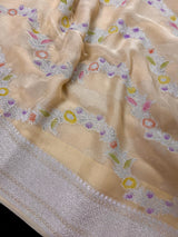 Cream Pure Khaddi Georgette Silk Saree with Sliver Zari and Hand Brush | Floral Saree | SILK MARK CERTIFIED - Kaash