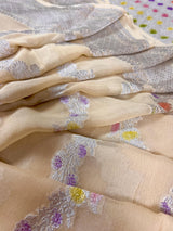 Cream Pure Khaddi Georgette Silk Saree with Sliver Zari and Hand Brush | Floral Saree | SILK MARK CERTIFIED - Kaash