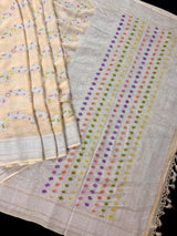 Cream Pure Khaddi Georgette Silk Saree with Sliver Zari and Hand Brush | Floral Saree | SILK MARK CERTIFIED - Kaash