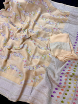 Cream Pure Khaddi Georgette Silk Saree with Sliver Zari and Hand Brush | Floral Saree | SILK MARK CERTIFIED - Kaash