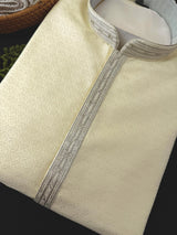 Cream Silk Kurta with Zari Embroidery | Men's Wedding Festive Wear - Kaash