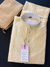 Creamy Beige Color Raw Silk Kurta Pajama for Men | Self Design Embroidery Buttis | Cream Mens Kurta | Beige Color Kurta | Kurta Store in USA - Kaash