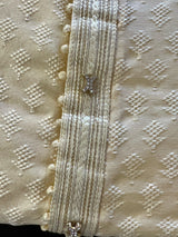 Creamy Beige Color Raw Silk Kurta Pajama for Men | Self Design Embroidery Buttis | Cream Mens Kurta | Beige Color Kurta | Kurta Store in USA - Kaash