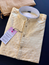 Creamy Beige Color Raw Silk Kurta Pajama for Men | Self Design Embroidery Buttis | Cream Mens Kurta | Beige Color Kurta | Kurta Store in USA - Kaash