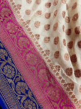 Creamy Beige with Pink and Royal Blue pure khaddi georgette silk saree with copper zari with pink & royal blue borders — Kaash Collection