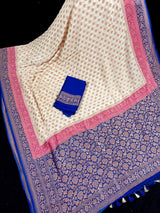Creamy Beige with Pink and Royal Blue pure khaddi georgette silk saree with copper zari with pink & royal blue borders — Kaash Collection