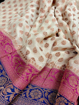 Creamy Beige with Pink and Royal Blue pure khaddi georgette silk saree with copper zari with pink & royal blue borders — Kaash Collection