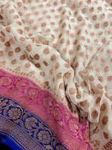 Creamy Beige with Pink and Royal Blue pure khaddi georgette silk saree with copper zari with pink & royal blue borders — Kaash Collection