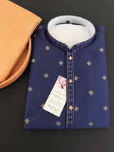 Dark Blue men's kurta pajama in soft silk (non-pure) with small zari butti weaving with self-design — Kaash Collection