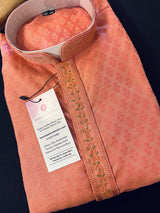 Dark Coral Pink men's kurta pajama in raw silk with embroidery on neckline — Kaash Collection