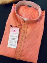 Dark Coral Color Raw Silk Men Kurta Pajama Set with embroidery neckline | Mens Ethnic Wear| Indian and Pakistani Mens Wear - Kaash