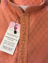 Dark Coral Color Raw Silk Men Kurta Pajama Set with embroidery neckline | Mens Ethnic Wear| Indian and Pakistani Mens Wear - Kaash