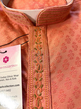 Dark Coral Color Raw Silk Men Kurta Pajama Set with embroidery neckline | Mens Ethnic Wear| Indian and Pakistani Mens Wear - Kaash