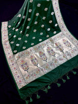 Dark Green Banarasi Silk Saree | Meenakari Work, Paithani Borders, Muted Gold Sliver Zari - Kaash