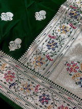 Dark Green Banarasi Silk Saree | Meenakari Work, Paithani Borders, Muted Gold Sliver Zari - Kaash