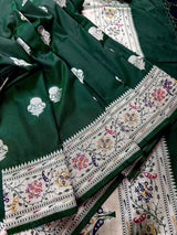 Dark Green Banarasi Silk Saree | Meenakari Work, Paithani Borders, Muted Gold Sliver Zari - Kaash