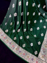 Dark Green Banarasi Silk Saree | Meenakari Work, Paithani Borders, Muted Gold Sliver Zari - Kaash