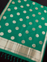 Dark Green Soft Banarasi Chakra dupatta in banarasi soft silk with chakra with grand flower borders — Kaash Collection