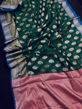 Dark Green Color Semi Banarasi Silk Saree Resham Zari Weave - Kaash