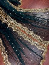 Dark Green net dupatta with gold zari, sequin & beadwork — Kaash Collection