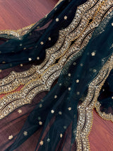 Dark Green net dupatta with gold zari, sequin & beadwork — Kaash Collection