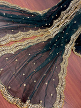Dark Green net dupatta with gold zari, sequin & beadwork — Kaash Collection