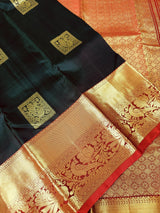 Dark Green with Maroon pure kanjivaram silk saree with gold zari with peacock motifs — Kaash Collection