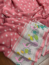 Dark Mauve Color Pure Banarasi Georgette Silk Paithani Saree with Meenakari Work | Peacock Motif and Floral Design | SILK Mark Certified - Kaash