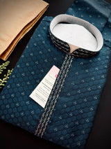 Dark Teal Color Party Wear Designer Men Kurta Set with tiny zari and Embossed Self Design in Soft Silk Material - Kaash