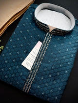 Dark Teal Color Party Wear Designer Men Kurta Set with tiny zari and Embossed Self Design in Soft Silk Material - Kaash