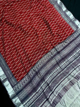 Deep Maroon & Grey Khaadi Ikkat saree in pure khaadi cotton blend with linen with ikkat prints with silver zari borders — Kaash Collection