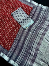 Deep Maroon & Grey Khaadi Ikkat saree in pure khaadi cotton blend with linen with ikkat prints with silver zari borders — Kaash Collection