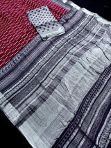 Deep Maroon & Grey Khaadi Ikkat saree in pure khaadi cotton blend with linen with ikkat prints with silver zari borders — Kaash Collection