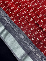 Deep Maroon & Grey Khaadi Ikkat saree in pure khaadi cotton blend with linen with ikkat prints with silver zari borders — Kaash Collection