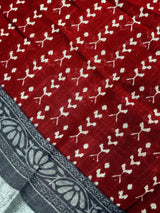 Deep Maroon & Grey Khaadi Ikkat saree in pure khaadi cotton blend with linen with ikkat prints with silver zari borders — Kaash Collection