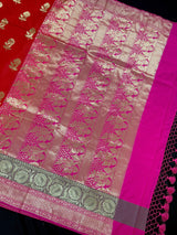 Deep Orange with Olive Green & Pink Banarasi saree in banarasi silk (non-pure) with wide 7" border with floral pattern — Kaash Collection