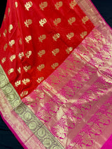 Deep Orange with Olive Green & Pink Banarasi saree in banarasi silk (non-pure) with wide 7" border with floral pattern — Kaash Collection
