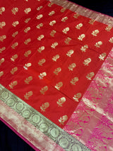 Deep Orange with Olive Green & Pink Banarasi saree in banarasi silk (non-pure) with wide 7" border with floral pattern — Kaash Collection