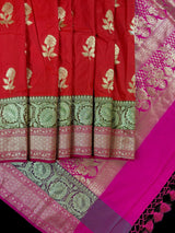 Deep Orange with Olive Green & Pink Banarasi saree in banarasi silk (non-pure) with wide 7" border with floral pattern — Kaash Collection