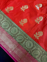 Deep Orange with Olive Green & Pink Banarasi saree in banarasi silk (non-pure) with wide 7" border with floral pattern — Kaash Collection