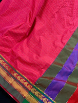 Deep Pink cotton saree with kantha stitch with zari temple border — Kaash Collection