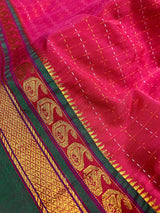 Deep Pink cotton saree with kantha stitch with zari temple border — Kaash Collection