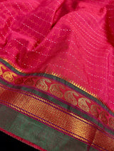 Deep Pink cotton saree with kantha stitch with zari temple border — Kaash Collection