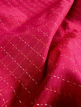 Deep Pink cotton saree with kantha stitch with zari temple border — Kaash Collection