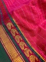 Deep Pink Color Saree Cotton Saree with Kantha Stitch and Zari Temple Border - Kaash