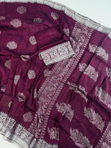 Deep Purple Bengal Linen saree in bengal linen with silver zari weaving on bengal linen — Kaash Collection